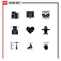 Group of 9 Solid Glyphs Signs and Symbols for heart regular online camera green Editable Vector Design Elements