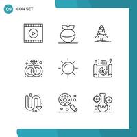 Pack of 9 Modern Outlines Signs and Symbols for Web Print Media such as banking rise forest nature present Editable Vector Design Elements