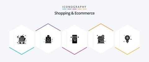 Shopping and Ecommerce 25 Glyph icon pack including shopping. dollar. shopping. bulb. store vector