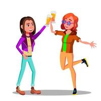Girlfriends At Party Clinking Beer Glasses Vector Characters