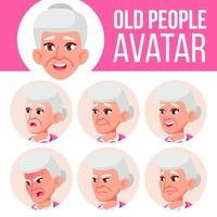 Old Woman Avatar Set Vector. Face Emotions. Senior Person Portrait. Elderly People. Aged. Head, Icon. Happiness Enjoyment. Cartoon Head Illustration vector