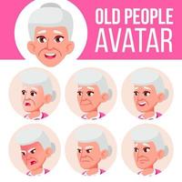 anciana avatar set vector. enfrentar las emociones. retrato de persona mayor. personas de edad avanzada. Envejecido. cabeza, icono. disfrute de la felicidad. ilustración de cabeza de dibujos animados vector