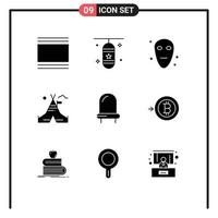 9 User Interface Solid Glyph Pack of modern Signs and Symbols of diode camp sports accessory tent space Editable Vector Design Elements