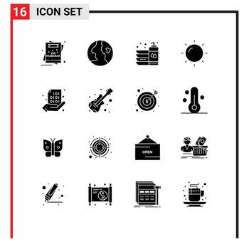paquete de interfaz de usuario de 16 glifos sólidos básicos de elementos de diseño vectorial editables de lavado solar de botella de código compartido vector