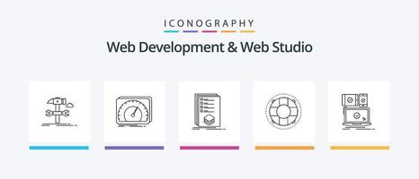 desarrollo web y paquete de iconos de la línea 5 de estudio web, incluido el móvil. preservador correo. salvador de la vida. la vida. diseño de iconos creativos vector