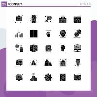 Pack of 25 Modern Solid Glyphs Signs and Symbols for Web Print Media such as cube image gender picture photography Editable Vector Design Elements