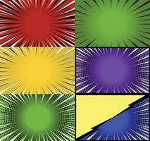 Comic book colorful frames background with halftone rays radial and dotted effects pop art style vector