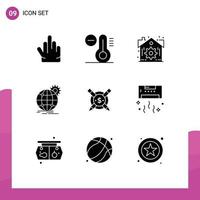 Group of 9 Modern Solid Glyphs Set for digital articales settings paid world wide Editable Vector Design Elements