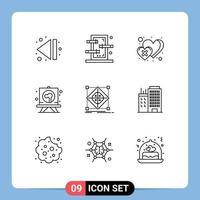 conjunto de 9 iconos modernos de la interfaz de usuario signos de símbolos para la arquitectura de cuadrícula tablero del corazón jadeando elementos de diseño vectorial editables vector