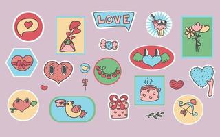 Cartoon romantic love valentines day elements and stickers. Heart shape. Valentines day romantic objects. Groovy elements collection. retro vector