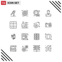 User Interface Pack of 16 Basic Outlines of decor person alarm man account Editable Vector Design Elements