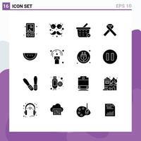 conjunto de 16 iconos modernos de ui símbolos signos para vasos de comida de sandía y cinta de cáncer de bigotes elementos de diseño vectorial editables vector