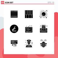 Pictogram Set of 9 Simple Solid Glyphs of media cryptocurrency sun blockchain environment Editable Vector Design Elements