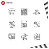 conjunto de 9 iconos de interfaz de usuario modernos signos de símbolos para notificaciones de configuración de paisaje de tiempo móvil elementos de diseño de vector editables