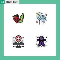 Pack of 4 creative Filledline Flat Colors of bottle map balloon development gingerbread man Editable Vector Design Elements