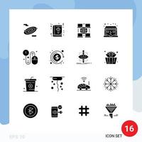 Set of 16 Vector Solid Glyphs on Grid for pay buy digital business shop Editable Vector Design Elements