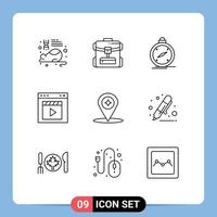 Set of 9 Vector Outlines on Grid for movie film compass cinema location Editable Vector Design Elements