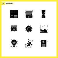 9 User Interface Solid Glyph Pack of modern Signs and Symbols of electric gear outline cogs hosting Editable Vector Design Elements