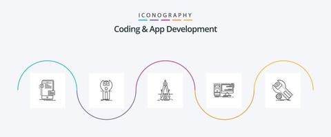 paquete de iconos de línea 5 de codificación y desarrollo de aplicaciones que incluye hardware. computadora. equipo. desarrollo. producto vector