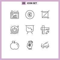 Group of 9 Outlines Signs and Symbols for switch power button wireless power web Editable Vector Design Elements