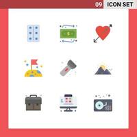 Mobile Interface Flat Color Set of 9 Pictograms of hill light love flashlight space Editable Vector Design Elements