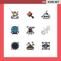 Mobile Interface Filledline Flat Color Set of 9 Pictograms of asteroid life paint city globe Editable Vector Design Elements