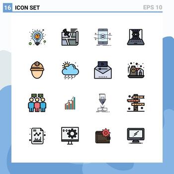 Pack of 16 creative Flat Color Filled Lines of technic computer sciences map applied science phone Editable Creative Vector Design Elements
