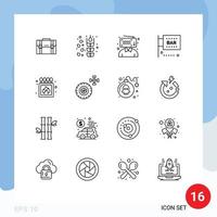 Group of 16 Outlines Signs and Symbols for media and entertainment food and drink cereals bar broadcasting Editable Vector Design Elements