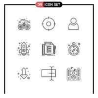 Pack of 9 Modern Outlines Signs and Symbols for Web Print Media such as planning list user business money Editable Vector Design Elements