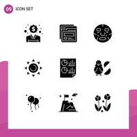 Set of 9 Commercial Solid Glyphs pack for data sun beauty shinning wellness Editable Vector Design Elements