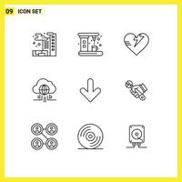 9 iconos creativos signos y símbolos modernos de descarga hacia abajo corazón flecha nube elementos de diseño vectorial editables vector