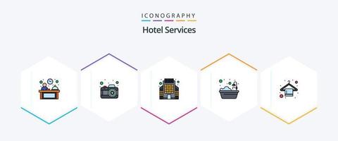 paquete de iconos de 25 líneas completas de servicios de hotel que incluye baño. percha. comercial. ducha. bañera vector