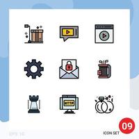 Pack of 9 Modern Filledline Flat Colors Signs and Symbols for Web Print Media such as communication settings service gear video play Editable Vector Design Elements