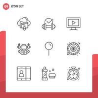 9 Thematic Vector Outlines and Editable Symbols of map technology sport camera play Editable Vector Design Elements