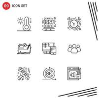 Pack of 9 creative Outlines of computer quest bell mission game Editable Vector Design Elements