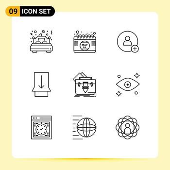 Editable Vector Line Pack of 9 Simple Outlines of file portfolio time touch gesture Editable Vector Design Elements