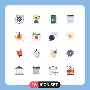 16 User Interface Flat Color Pack of modern Signs and Symbols of bell bug first washing turn on Editable Pack of Creative Vector Design Elements