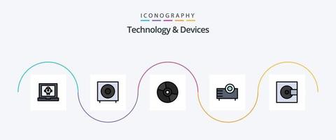 paquete de iconos de 5 planos llenos de línea de dispositivos que incluye proyector. electrónica. subwoofer dispositivos. productos vector