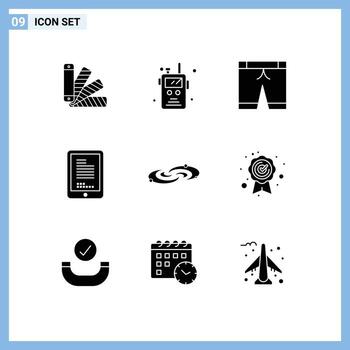 paquete de 9 signos y símbolos de glifos sólidos modernos para medios de impresión web, como planetas, pantalones de galaxia, codificación de celdas, elementos de diseño de vectores editables