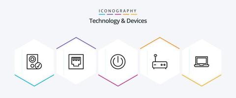 Devices 25 Line icon pack including macbook. device. devices. router. hub vector