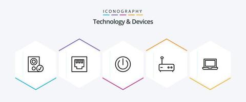 Devices 25 Line icon pack including macbook. device. devices. router. hub vector