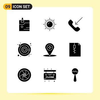 paquete de glifos sólidos de 9 símbolos universales de navegación mapa móvil sol planeta elementos de diseño vectorial editables vector