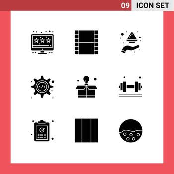 Group of 9 Solid Glyphs Signs and Symbols for box education plate gear programming interface Editable Vector Design Elements