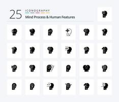 proceso mental y características humanas Paquete de iconos de 25 glifos sólidos que incluye flecha. usted mismo . datos. transformar. cabeza vector