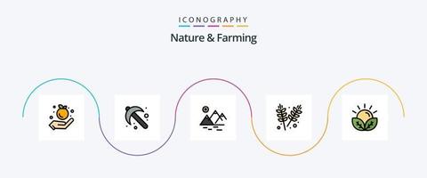 la naturaleza y la línea agrícola llenaron el paquete de iconos planos 5 que incluye la granja. agricultura. montaña. granos agricultura vector