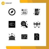 Group of 9 Modern Solid Glyphs Set for camera hobbies mobile web seo Editable Vector Design Elements