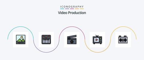 la línea de producción de video llenó el paquete de iconos planos 5 que incluye. foto. película. medios de comunicación. video vector