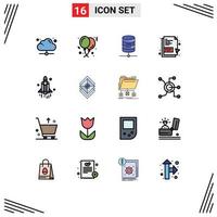 conjunto moderno de 16 líneas rellenas de color plano pictografía de cohete archivo pdf cumpleaños documento pdf computación elementos de diseño de vectores creativos editables