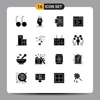 Set of 16 Commercial Solid Glyphs pack for clock architecture shopping video page media Editable Vector Design Elements