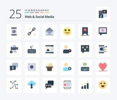 Web And Social Media 25 Flat Color icon pack including mail. video. open. media. tag vector